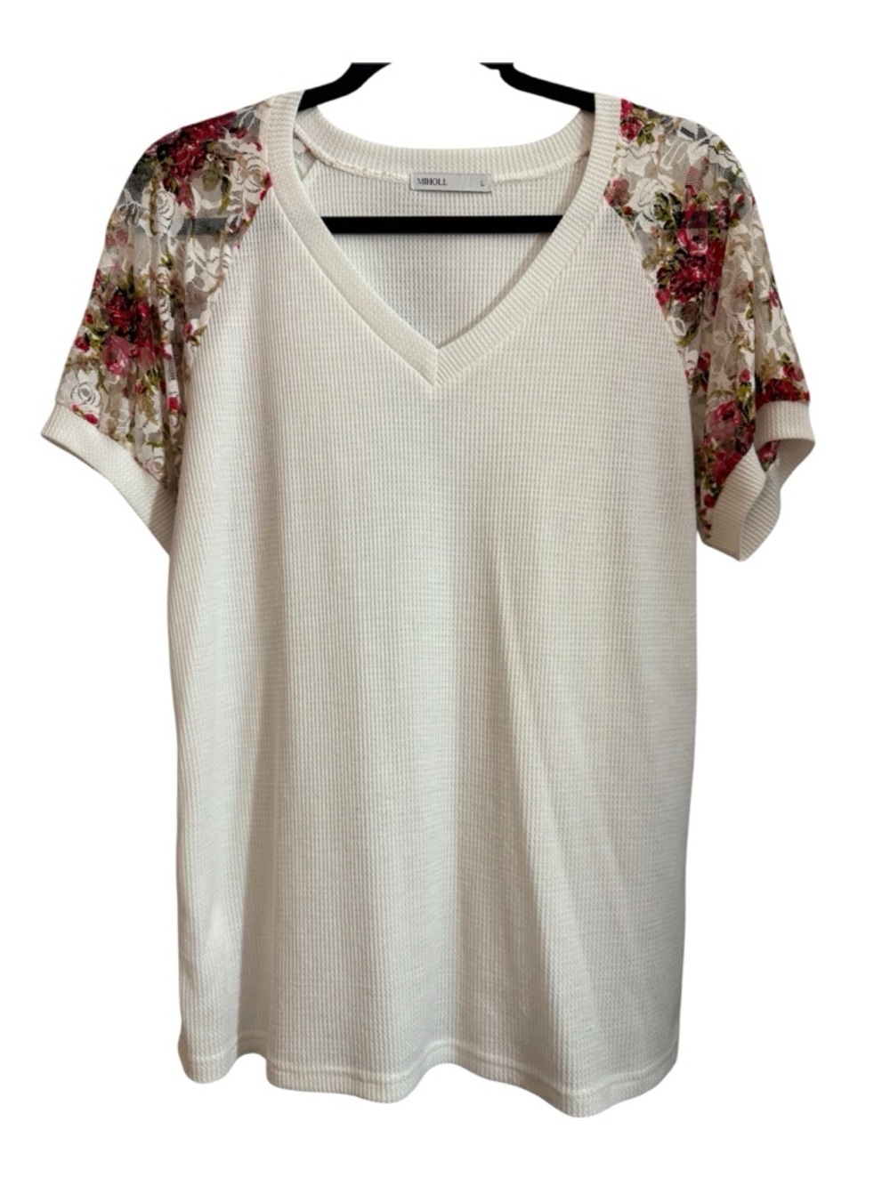Waffle Knit Lace Floral Sleeve Top Size L Boho Cottagecore V-Neck Blouse Miholl
